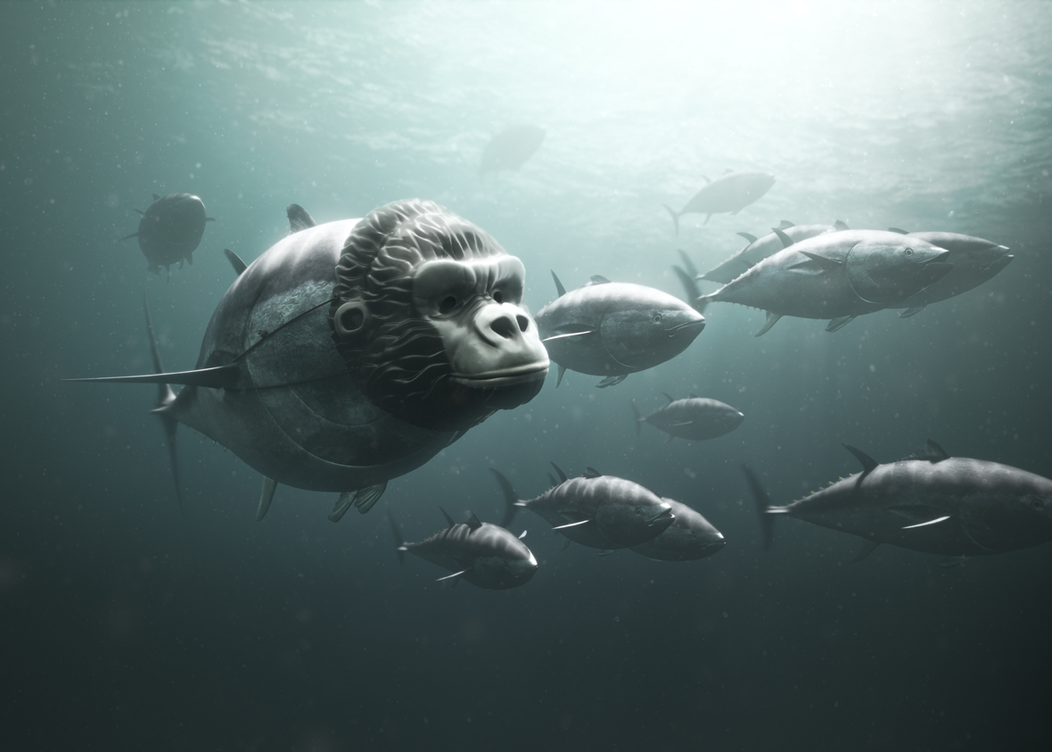 Bluefin tuna wearing a gorilla face mask