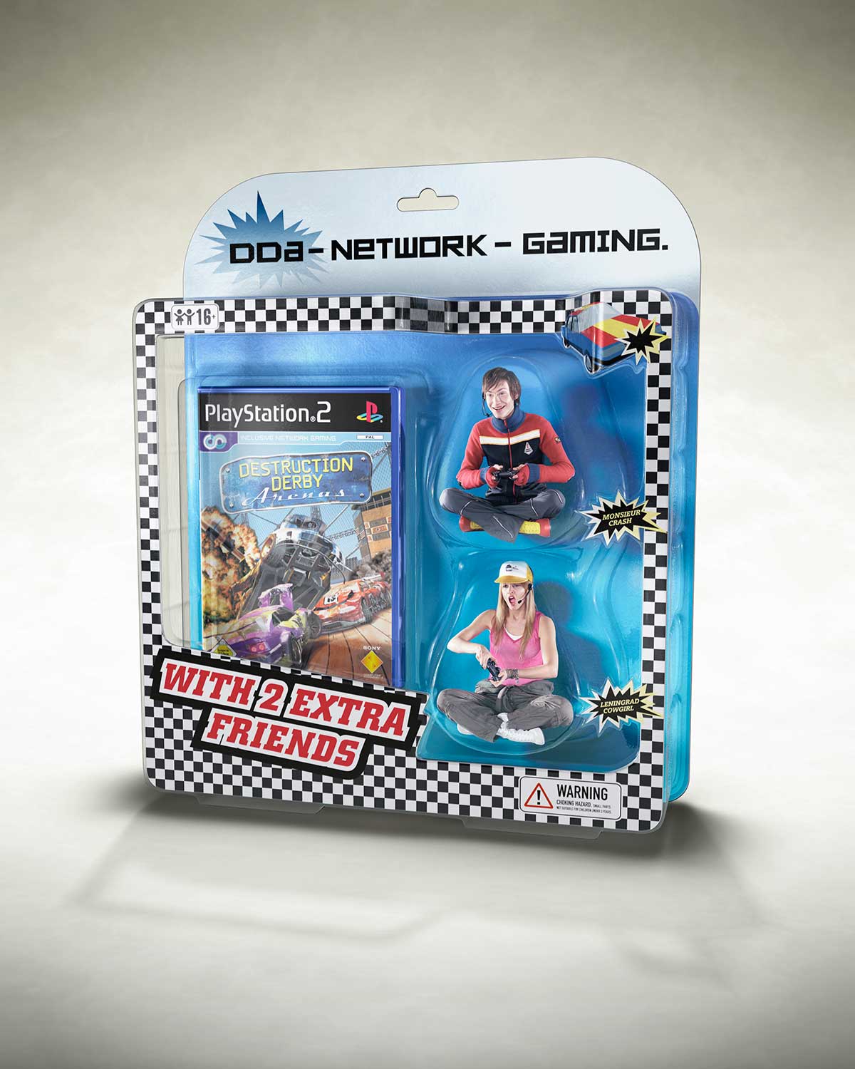 Blister pack with two computer playing humans – sitting inside of it – and a Playstation game inside a DVD case.