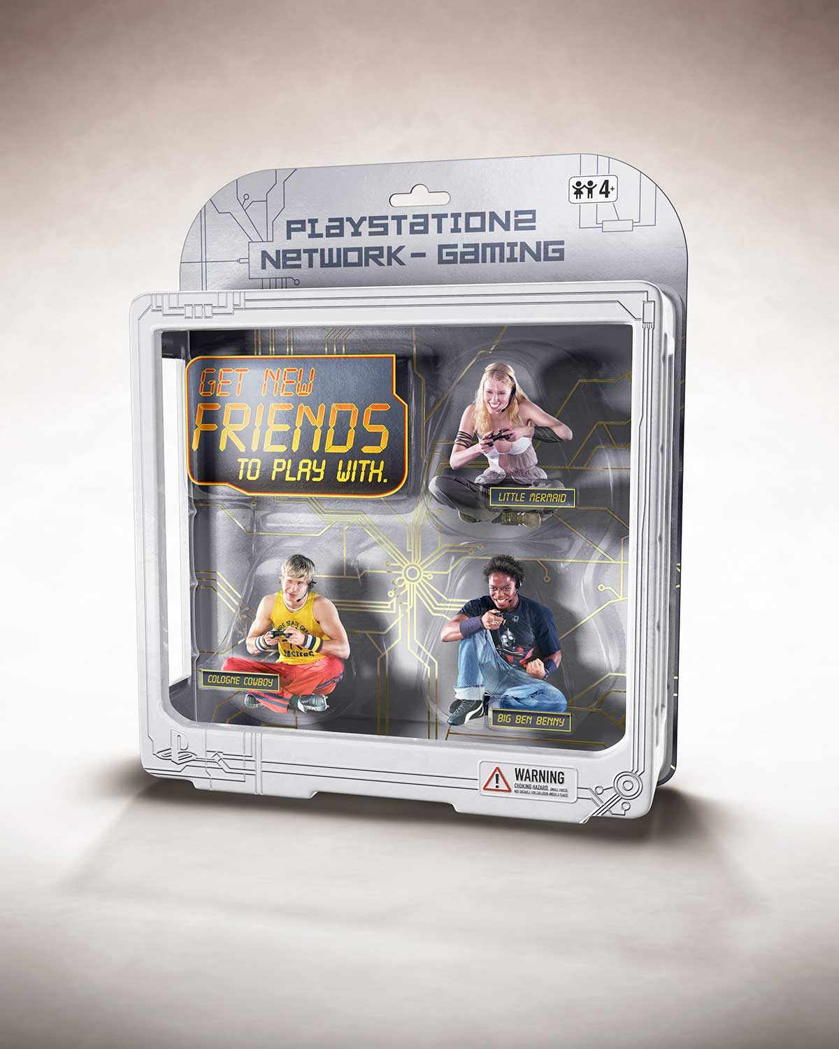 Blister pack with two computer playing humans – sitting inside of it – and a Playstation game inside a DVD case.