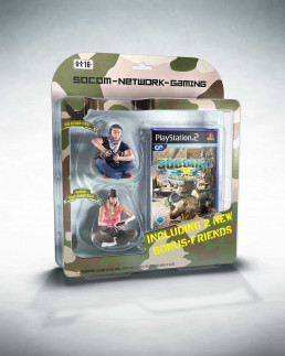 Blister pack with two computer playing humans – sitting inside of it – and a Playstation game inside a DVD case.