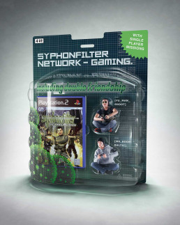 Blister pack with two computer playing humans – sitting inside of it – and a Playstation game inside a DVD case.